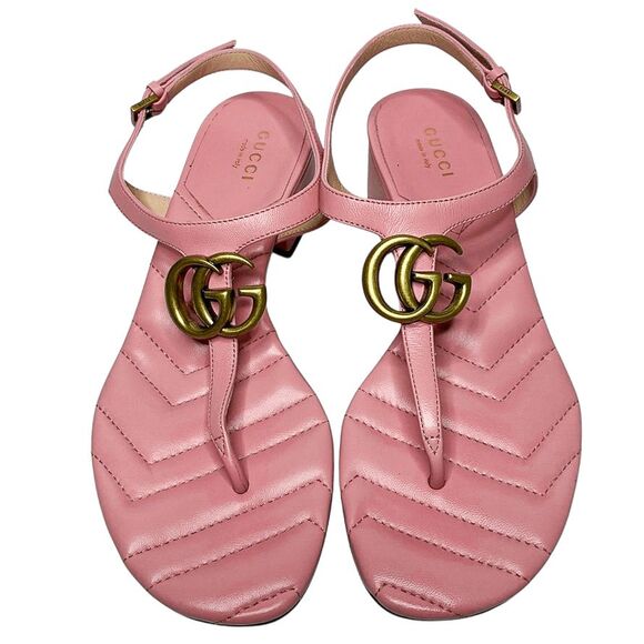 Gucci Marmont Charlotte Wild Rose Sandals 36 Pink Leather GG Logo Block Heel - Picture 2 of 14